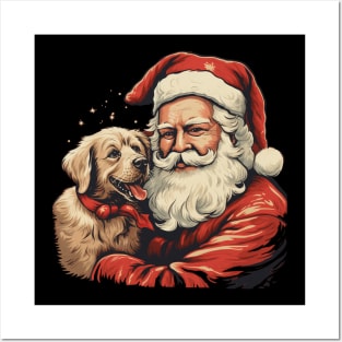 Merry Christmas Retro Santa Claus with Puppy Golden Retriever Posters and Art